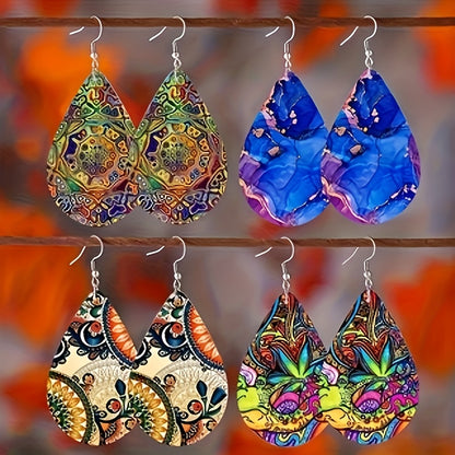 Drop Earrings Set 16 Pairs – Boho Water Drop Double Layer Mix & Match Colorful Pattern Dangle Earrings for Women, Bohemian Fashion Jewelry Bulk Pack