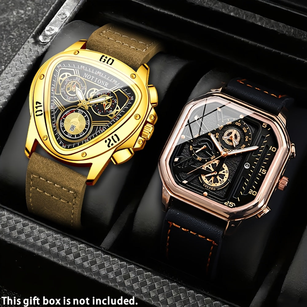 Men's 2-Piece Watch Set – Triangle Dial Silicone Strap & Retro Square Dial Faux Leather, Date Display Sport Dress Watches, Gift for Him