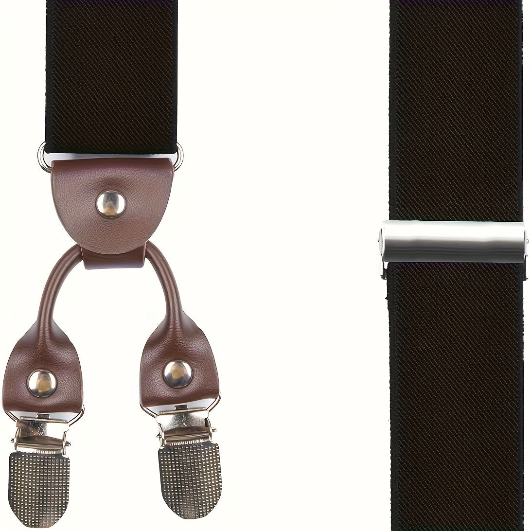 Men'S Suspenders, Suit Brace Y-back PU Leather Heavy Duty Suspender With 6 Metal CliP