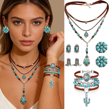 Boho Western Necklace Set 8 Pieces - Turquoise Stone & Cactus Flower Pendant Necklaces for Women, Retro Layered Jewelry for Festivals Vacation Beach Party Gift