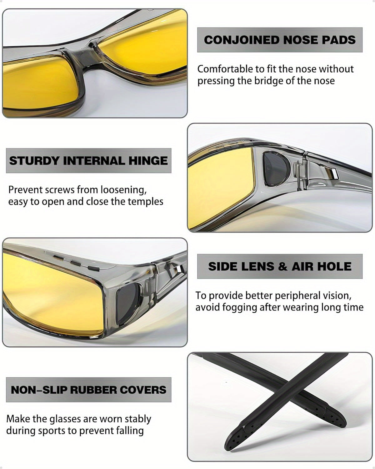 Night Vision Glasses Fit Over Prescription Eyewear – Anti-Glare Yellow Lens Driving Eyewear for Men & Women, HD Nighttime Clarity, Wraparound Overglasses, Grey & Black