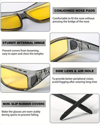 Night Vision Glasses Fit Over Prescription Eyewear – Anti-Glare Yellow Lens Driving Eyewear for Men & Women, HD Nighttime Clarity, Wraparound Overglasses, Grey & Black