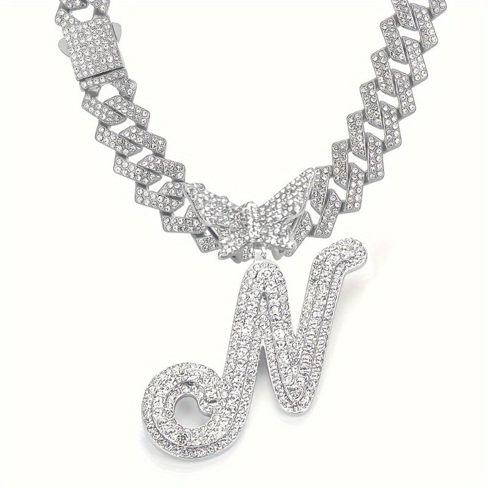 Cuban Link Chain Necklace - Initial Letter for Men Women - with Butterfly Alphabet Pendant A-Z, Gold & - product detail view
