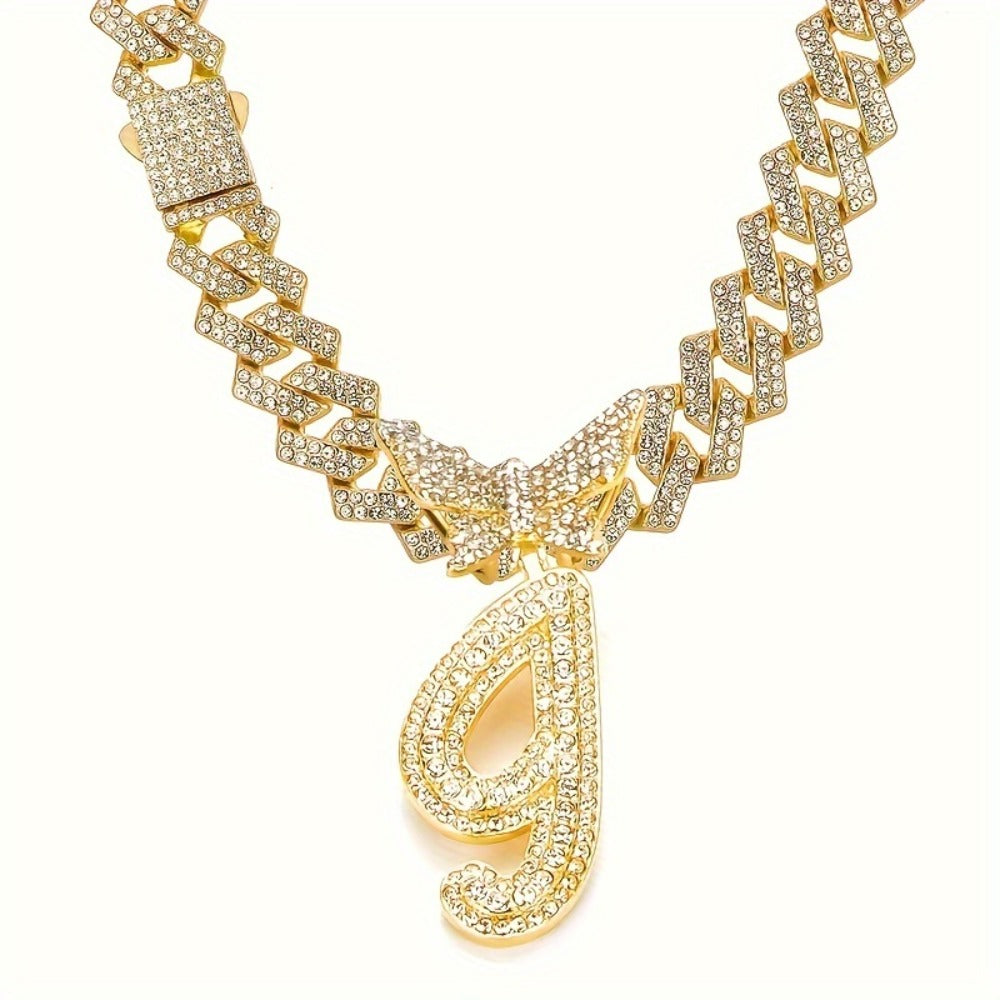 Cuban Link Chain Necklace - Initial Letter for Men Women - with Butterfly Alphabet Pendant A-Z, Gold & - product detail view