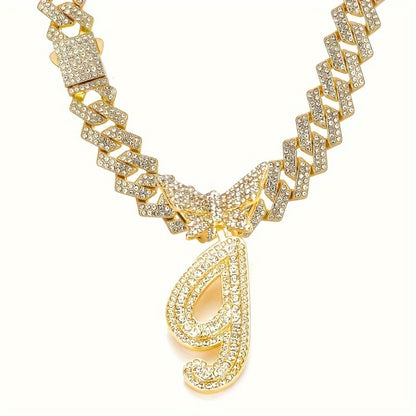 Cuban Link Chain Necklace - Initial Letter for Men Women - with Butterfly Alphabet Pendant A-Z, Gold & - product detail view