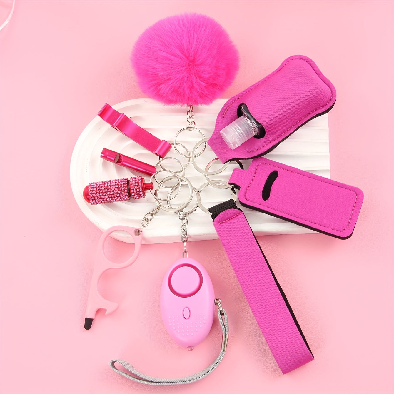 UNISEX Safety Keychain Set. Gift Box Set With 9 Cute Keychains For Ladies, Including Pom-poms, Personal Alarms, Bottle Openers, Rhinestone Shiny First Aid Kits And Survival Whistles. For Daily Use And Holiday Gift Giving
