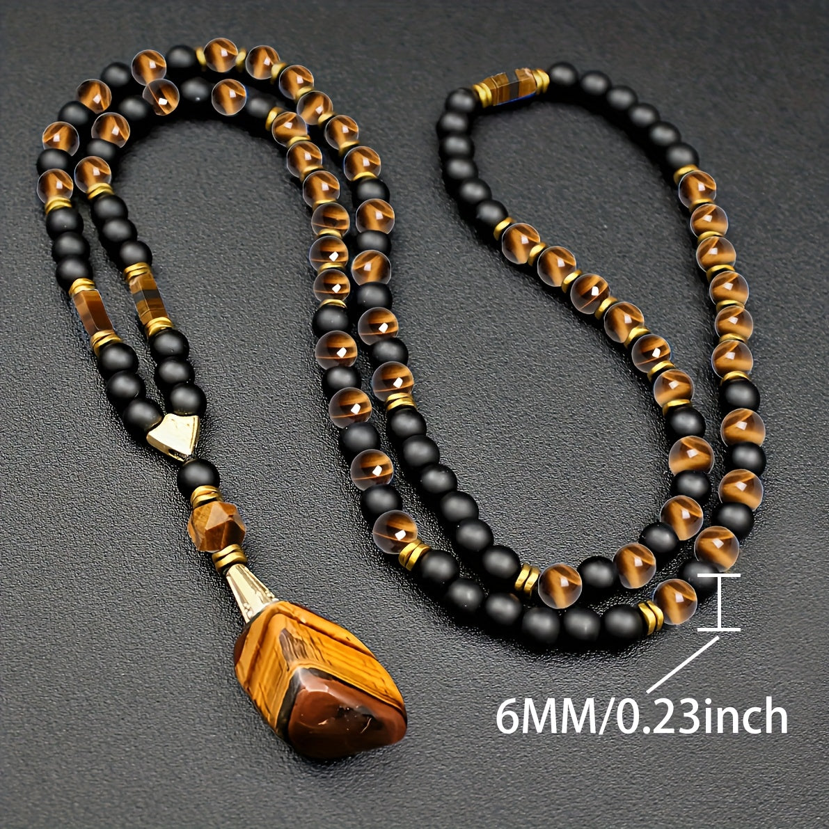 Stylish 8Mm Natural Stone Tiger Eye Pendant Necklace for Men - Adjustable Long Chain with Black Agate Beads - A Distinctive Christmas Gift Idea Featuring a Creative Natural Stone Necklace