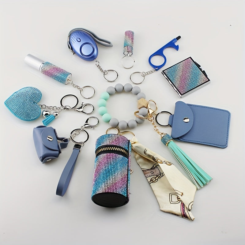 Keychain Charm Set 11 Pcs - Light Up Perfume Bottle Heart Tassel Bag Charms with Card Holder, Cute Aesthetic Keychains for Women Girls, Colorful Metallic Finish Keychain Accessories Gift Set