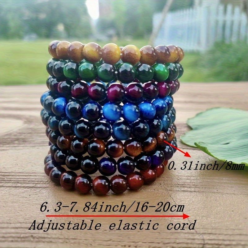 Tiger Eye Stone Bracelet Set 8pcs – 8mm Handmade Natural Stone Beaded Bracelets Unisex Stackable Daily Wear Valentine Birthday Gift