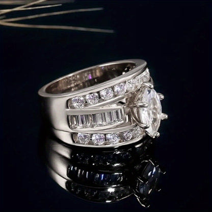Wide Band Ring Set 2Pcs for Women - Vintage Elegant Anniversary Engagement Ring Set, Silver Gold Rose Gold, Sizes 5-13, Luxury Wedding Banquet Jewelry Gift for Her