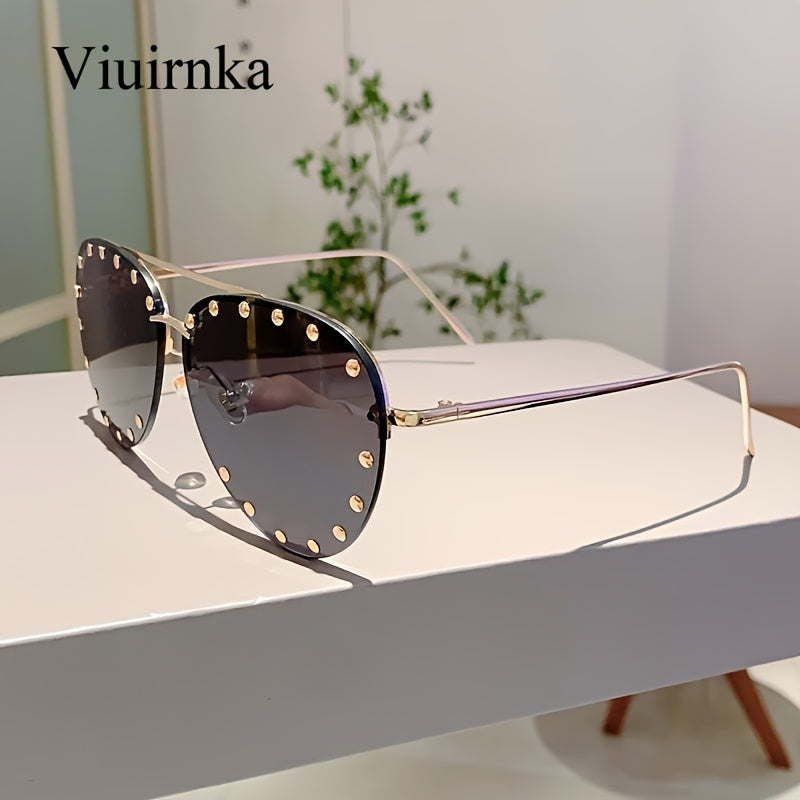 VIUIRNKA Women'S Glasses, Classic Semi-Rimless Design with Studded Details, Trendy Versatile Black Frame with Case, Lightweight Fashion Statement, Perfect for Halloween & Christmas Gift Giving, Chic Daily Wea