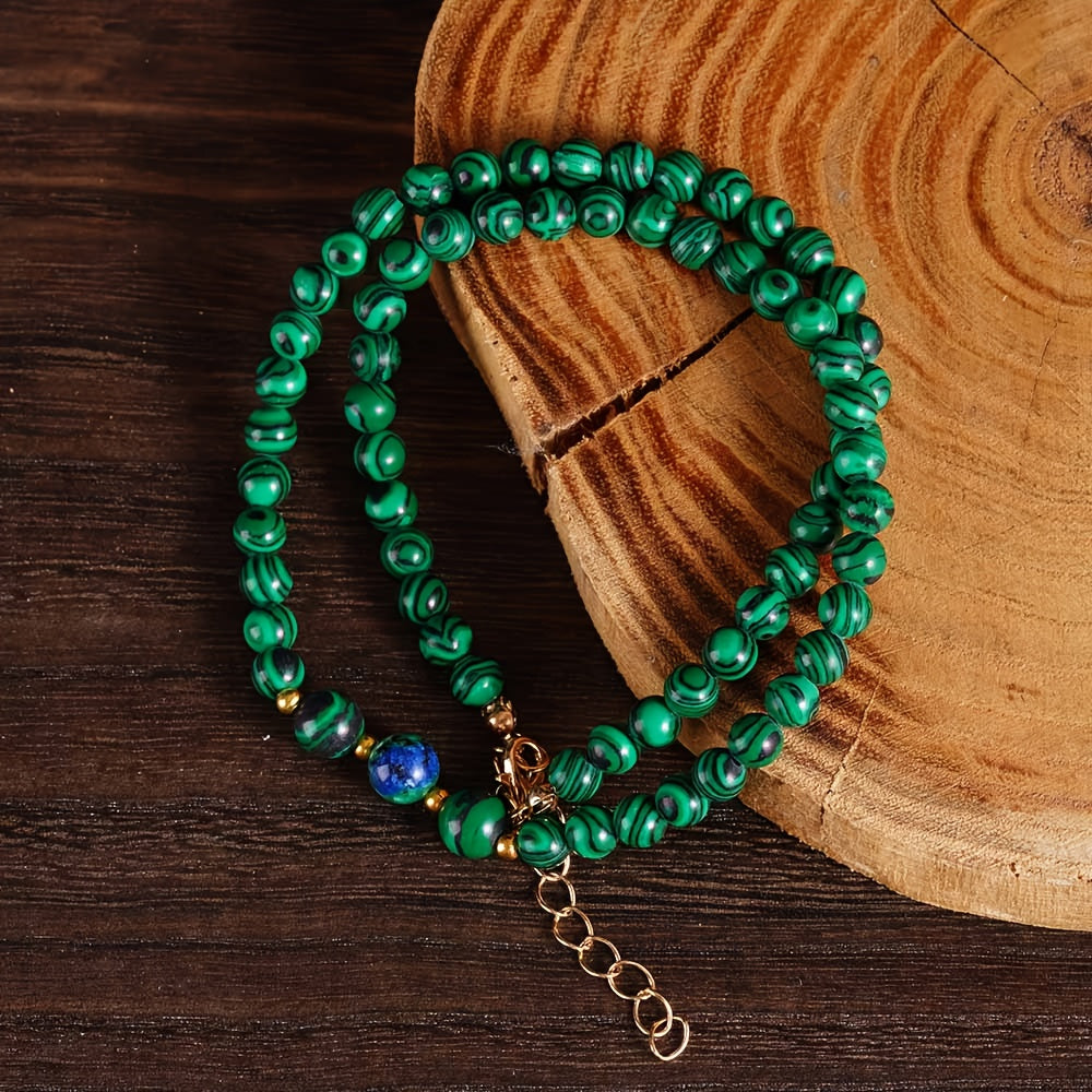 2pcs/Malachite & Phoenix Lapis Lazuli Wealth Necklace Set, Attracts Fortune And Abundance, Handmade Natural Stone Beads, Vintage Boho Adjustable Stackable Jewelry, Great for Daily Wear & Gifting, Unisex.