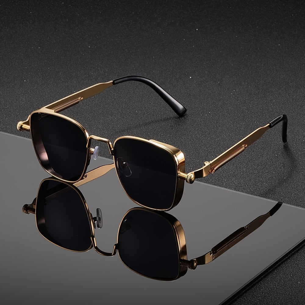 Retro Steampunk Style Square Sunglasses for Men And Women - Vintage Metal Frame with Gradient Green Lenses, Including Eyeglass Cloths And an Eyeglass Case - Cool And Edgy Look for Parties, Streetwear, Festivals - UV400 Protection - Unique Gift Idea