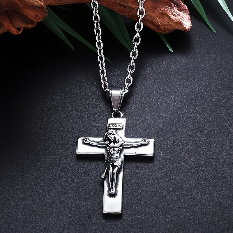 Men's Jesus Cross & Thorn Crown Necklace - Vintage Religious Pendant with Crown of Thorns, Durable Christian Jewelry Gift Suitable for Christmas, Easter, Birthdays - Daily Wear & Formal Occasions, Year-Round Christian Symbol Accessory