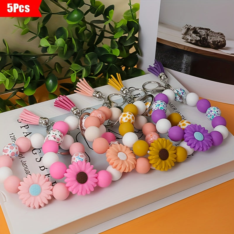 Daisy Flower Silicone Keychain Set 5pcs – Printed Wooden Bead Key Ring, Boho Floral Charm Accessory, Ideal Holiday Gift for Women & Girls