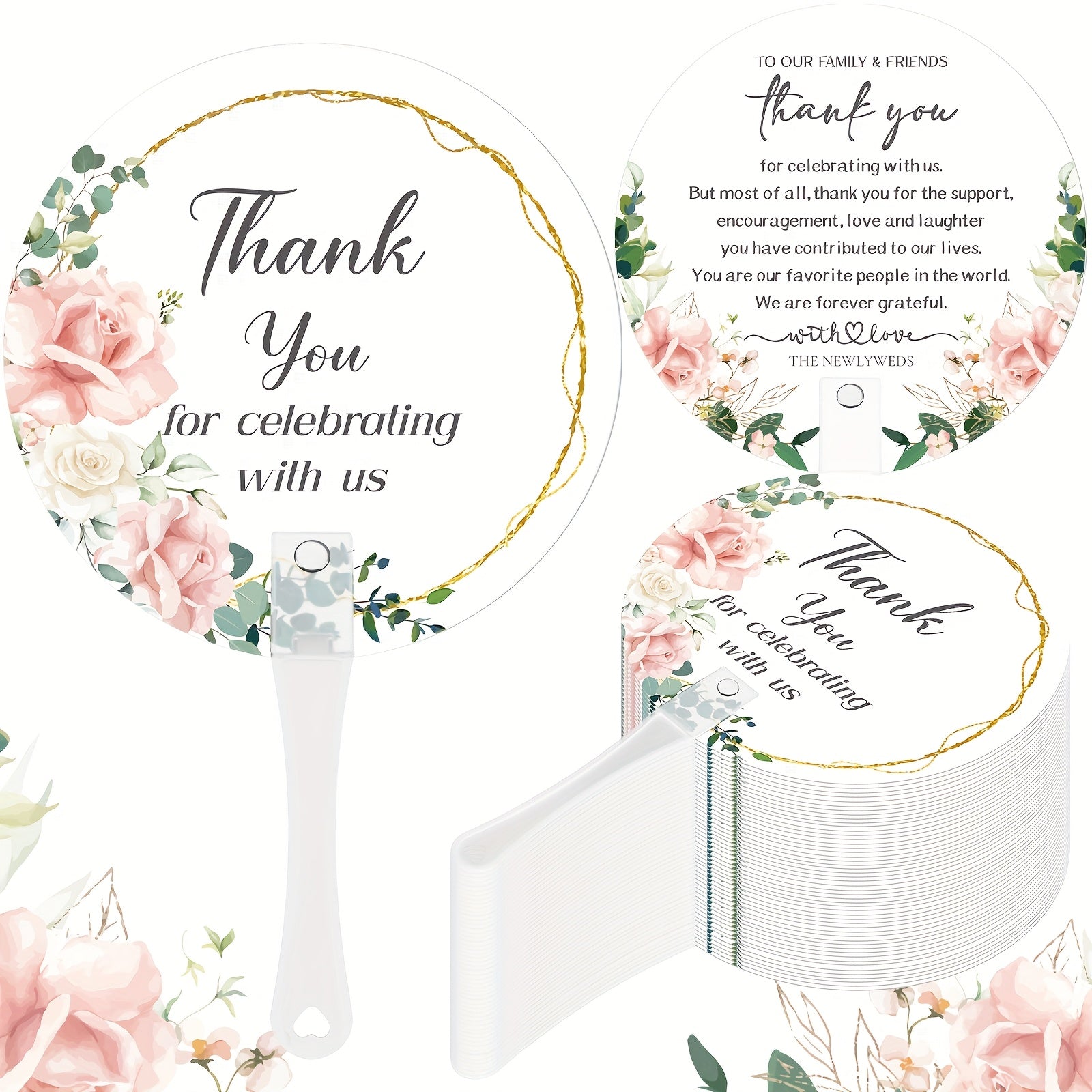 100pcs Wedding Hand Fans Bulk Plastic Handheld Wedding Favor Fans For Guests Thank You For Celebrating With Us Greenery Fan With Handle For Ceremony Bridal Shower Party