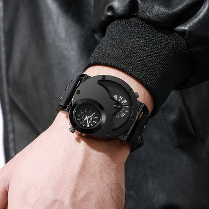 Vintage Men's Watch Big Dial Dual Time Zone PU Leather Strap – Business Quartz Analog Wristwatch for Men, Classic Retro Style Clock Black Blue