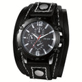 Gothic Punk Style Men Watch Wide Geunine Leather Fashion Cuff Wristwatch for Halloween Party Costume Dress Decoration