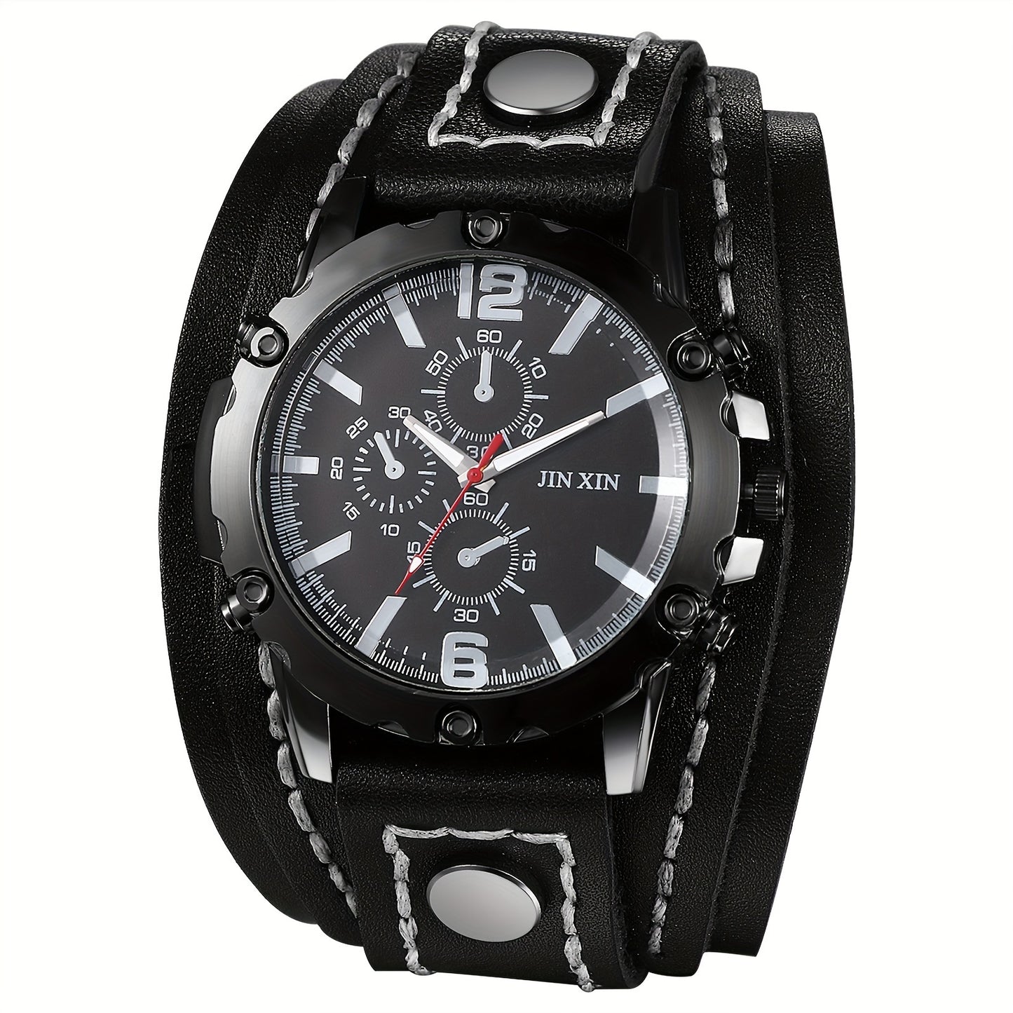 Gothic Punk Leather Cuff Wristwatch for Men – Wide Genuine Leather Band, Stainless Steel Quartz Watch, Halloween Party Costume Accessory