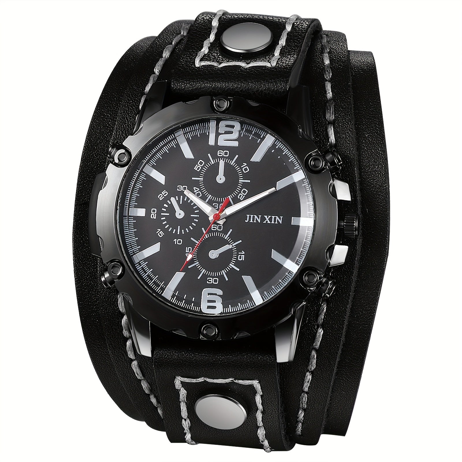 Gothic Punk Style Men Watch Wide Geunine Leather Fashion Cuff Wristwatch for Halloween Party Costume Dress Decoration