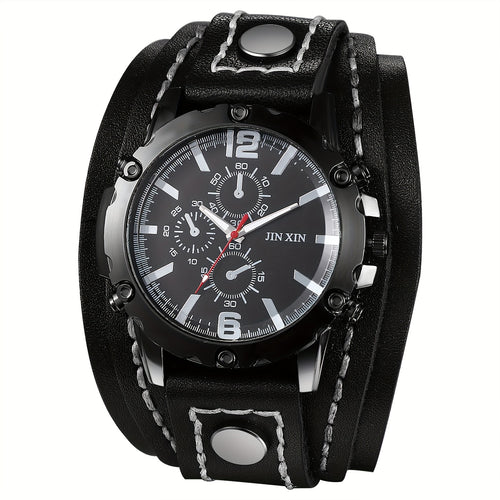 Gothic Punk Leather Cuff Wristwatch for Men – Wide Genuine Leather Band, Stainless Steel Quartz Watch, Halloween Party Costume Accessory