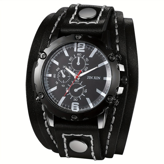 Gothic Punk Leather Cuff Wristwatch for Men – Wide Genuine Leather Band, Stainless Steel Quartz Watch, Halloween Party Costume Accessory