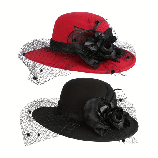 Women's Dome Top Fedora Hat with Flower Decoration Veiled Church Party Hat Retro Elegant Party Wedding Styling Hat 1920s Elegant Charming Hat