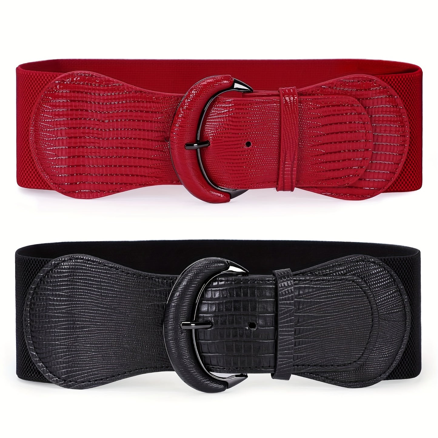 Wide Belt for Women 2Pcs Set - Elastic Needle Buckle Waist Belt for Dresses, Black Red & Black Brown, Sizes S-2XL, Versatile Fashion Belt for Party Wedding Daily Commute & Beach