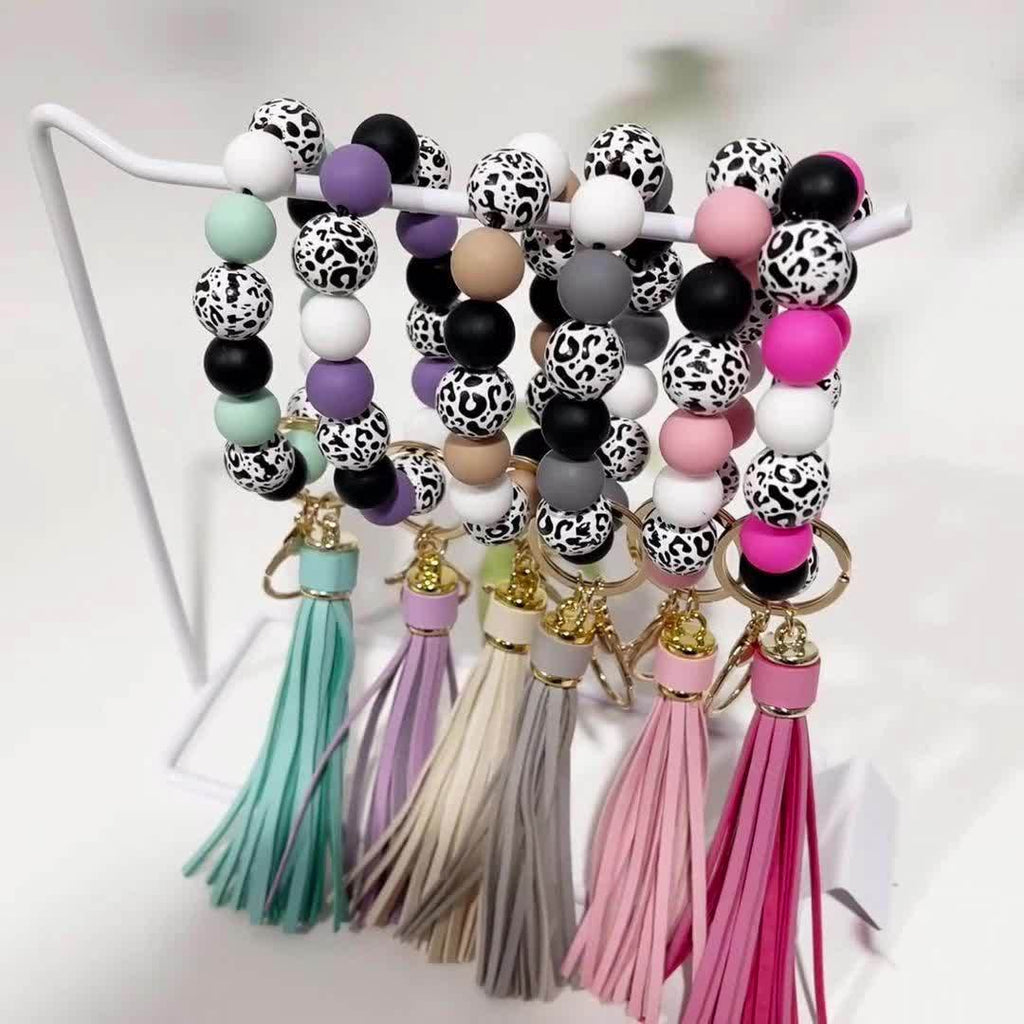 5-6pcs Vibrant Leopard Print And Polka Dot Beaded Keychain Wristband Fringe Charm Fashion Bag Accessories And Car Key Pendant, Ideal Gift for Women
