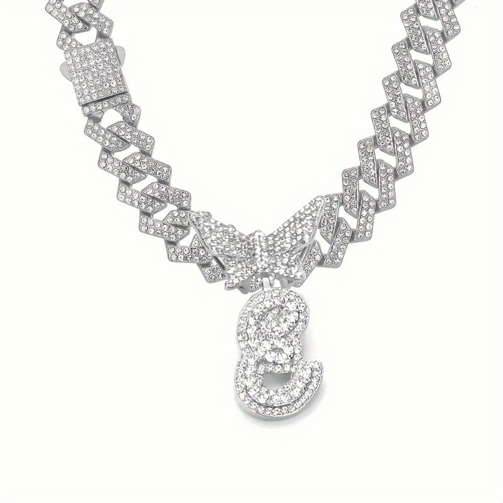 Cuban Link Chain Necklace - Initial Letter for Men Women - with Butterfly Alphabet Pendant A-Z, Gold & - product detail view