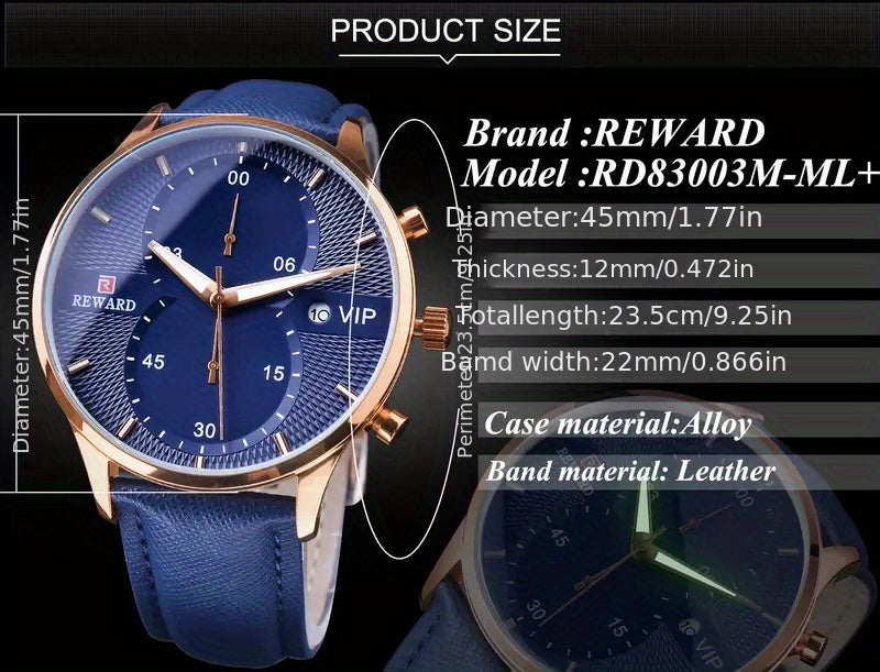 Men's Quartz Watch with PU Leather Strap, Date & Stopwatch — Gift Box Included | Golden & Blue