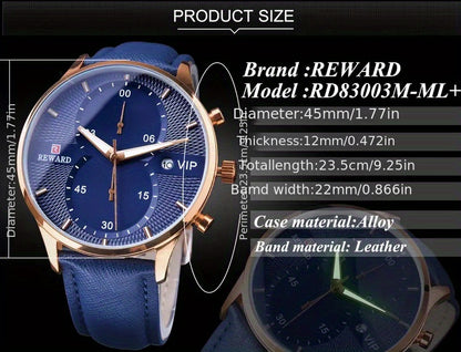 Men's Quartz Watch with PU Leather Strap, Date & Stopwatch — Gift Box Included | Golden & Blue
