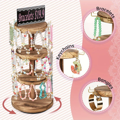 Jewelry Tower Organizer 3 Tier Rotating Wooden Large Capacity Bracelet Necklace Shelves Display Rack for Dresser Counter Vanity Storage Stand