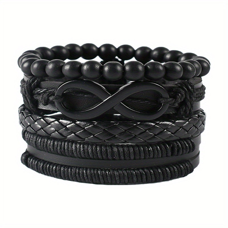 Men's Bracelet Set 12pcs – Tiger Eye Stone, Moonstone Beads & Woven Leather Rope, Vintage Stackable Bracelets for Casual & Party Wear, Fashionable Gift