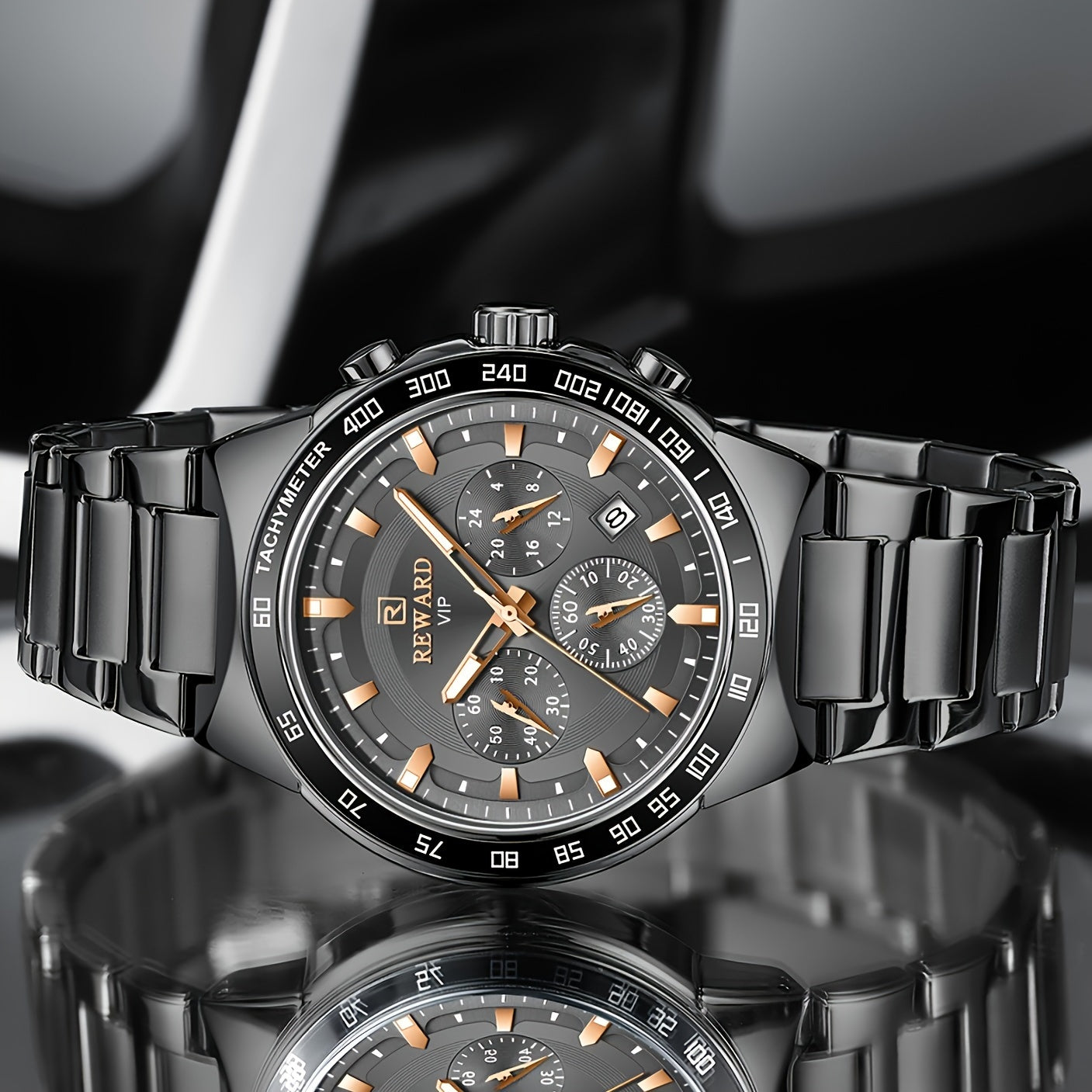 Reward VIP Black Quartz Chronograph Watch for Men – Sport Luminous Stainless Steel Wristwatch, Waterproof-Style Men's Dress Watch Reloj Hombre