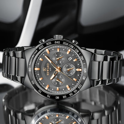 Reward VIP Black Quartz Chronograph Watch for Men – Sport Luminous Stainless Steel Wristwatch, Waterproof-Style Men's Dress Watch Reloj Hombre