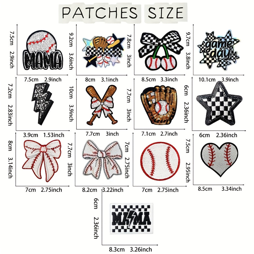 Set of 13 Baseball-Themed Sequin Embroidered Patches, Featuring a Sporty Style with Checkered Patterns, Stars, Bows, Baseball Gloves, And Bat Designs. Perfect for Fashion, Bags, And Decorations