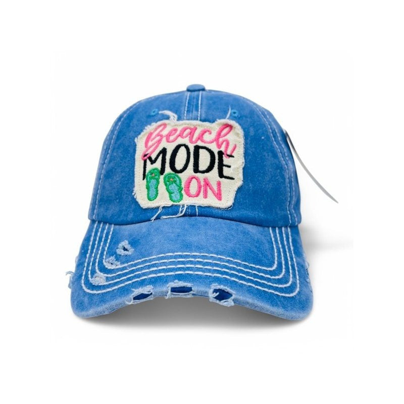 Beach Mode On Vintage Distressed Embroidered Baseball Cap For Women - 100% Cotton, Breathable, Casual, Adjustable, UV Protection