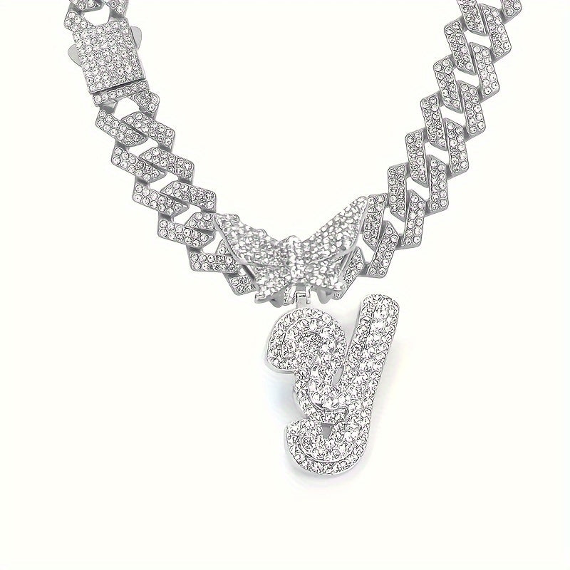 Cuban Link Chain Necklace - Initial Letter Necklace for Men Women - Cuban Link Chain with Butterfly Alphabet - product detail view 104