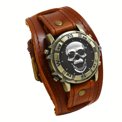 Men's Skull Watch Steampunk Analog Quartz Wristwatch - Vintage Gothic Hollow Dial Wide Leather Band Biker Watch for Halloween Party Casual Wear