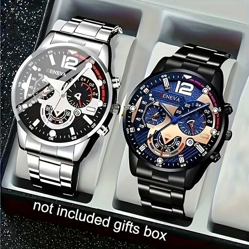 2pcs/ set Luxury Men's Watches Fashion Business Male Stainless Steel Date Analog Quartz Wrist Watch Mens Sets Gift Selection