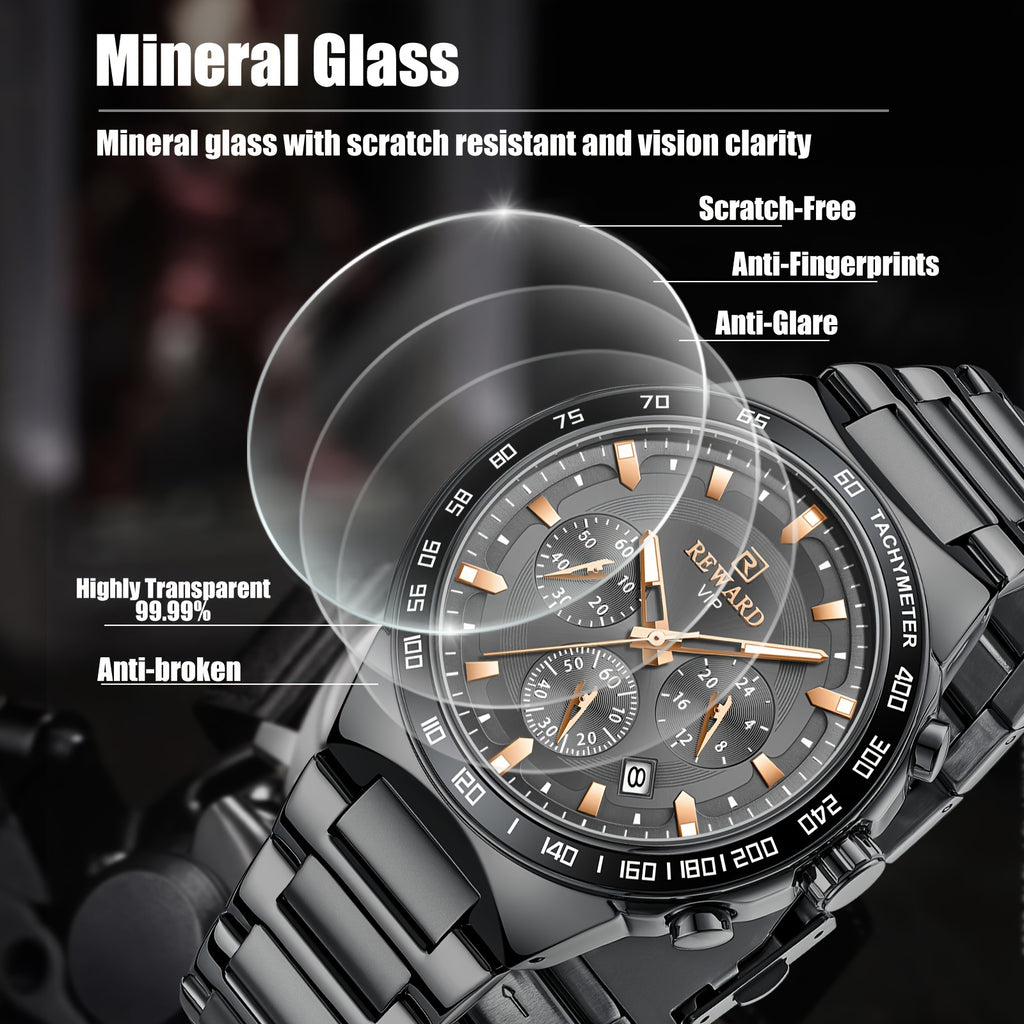 Reward REWARD VIP Black Quartz Watches For Men Sport Chronograph Luminous Wrist Watches Stainless Steel Wristwatch