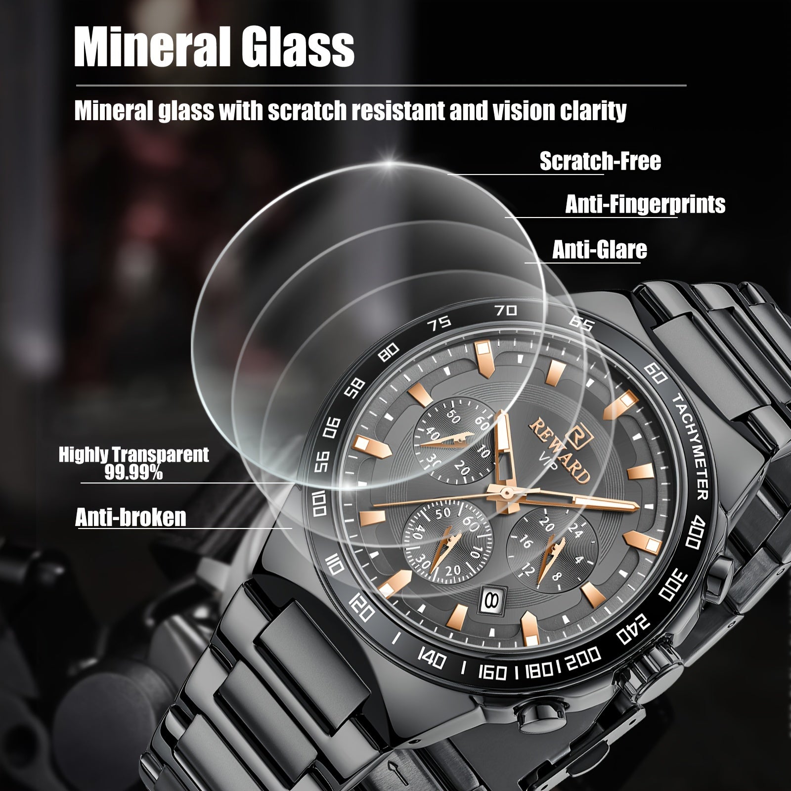 Reward REWARD VIP Black Quartz Watches For Men Sport Chronograph Luminous Wrist Watches Stainless Steel Wristwatch