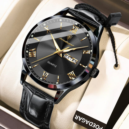POEDAGAR 978P Men's Watch 3ATM Waterproof Date Display PU Leather Band – Fashion Casual Round Dial Quartz Wristwatch for Men, Multiple Colors