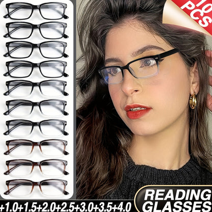 Reading Glasses 10 Pack Ultra Light Square Frame HD Clear Lenses Vintage Style Metal Accents Black Gradient Brown Strengths +1.0 to +4.0 Seniors Office Gift
