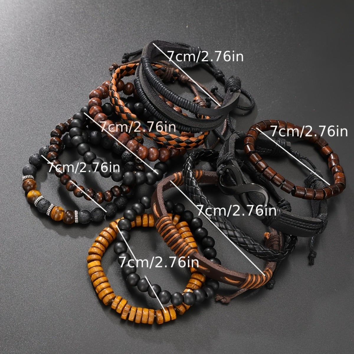 Men's Bracelet Set 12pcs – Tiger Eye Stone, Moonstone Beads & Woven Leather Rope, Vintage Stackable Bracelets for Casual & Party Wear, Fashionable Gift