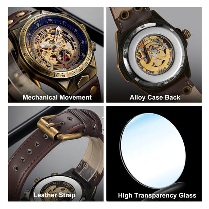 Men's Automatic Mechanical Skeleton Watch – Retro Roman Numeral Hollow Dial Leather Strap Wristwatch, Luxury Gift for Him