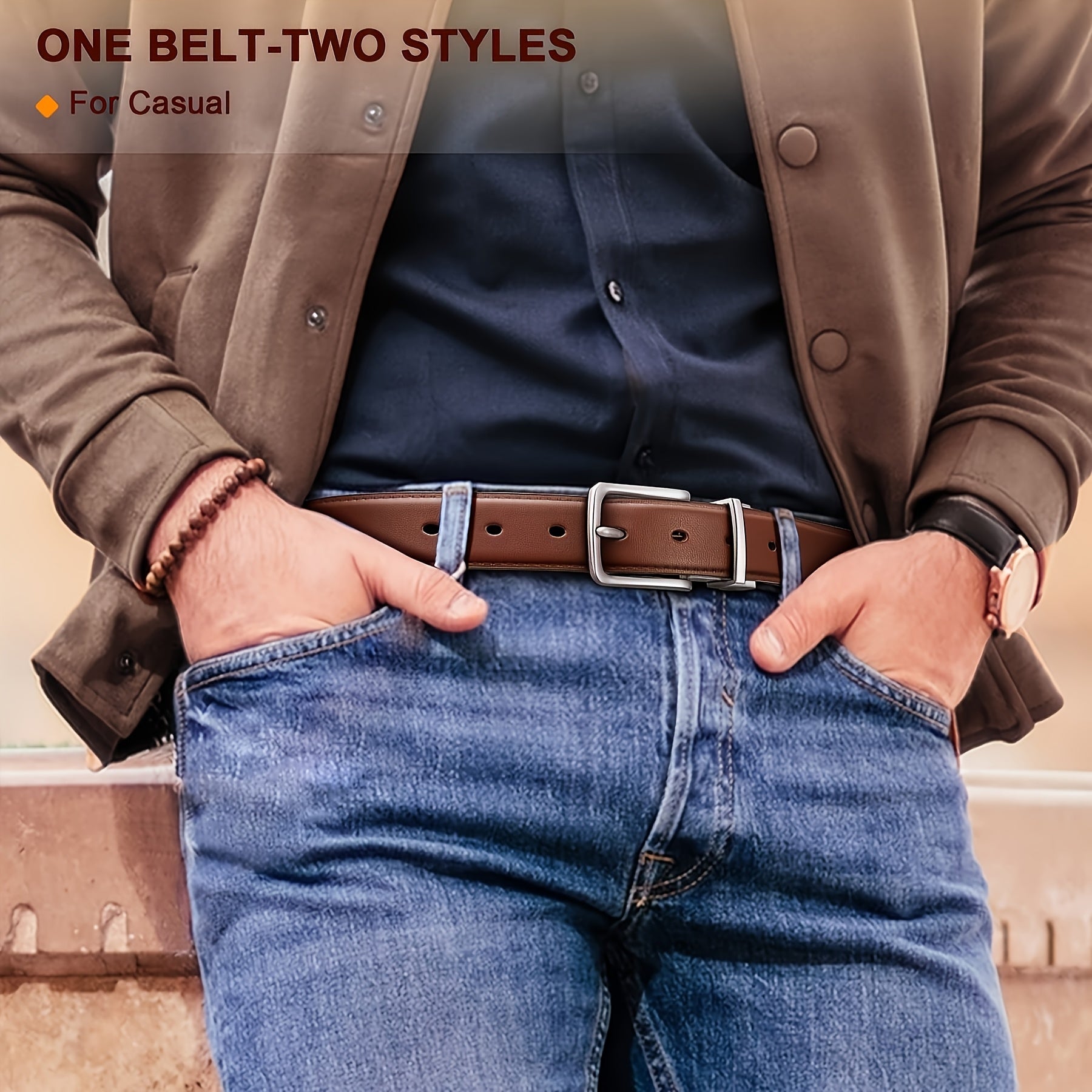 Fashionable Men'S Genuine Leather Belt, Reversible Design with Two Sides of The Buckle, Suitable for Business Men'S Belt