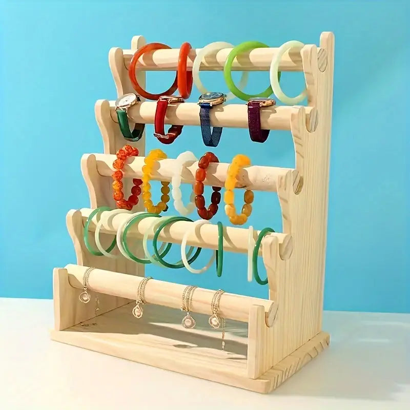 Jewelry Holder Wood 5-Tier – Removable Tabletop Display Rack for Bracelets, Necklaces & Watches, Rustic Vanity Organizer for Dresser & Bedroom