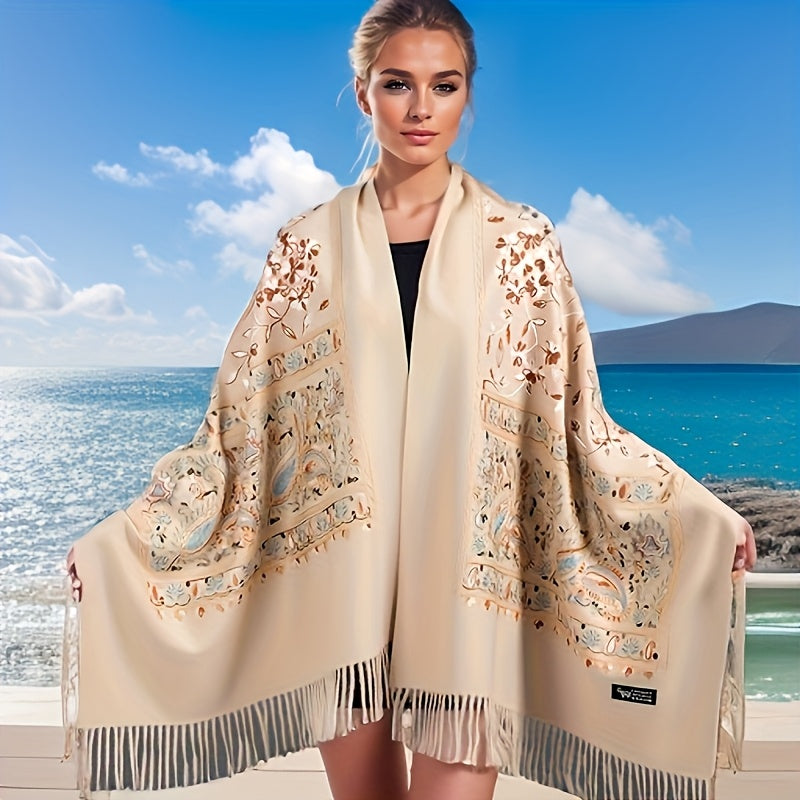 Women' Bohemian Cashmere Shawl Scarf - Vintage Paisley Embroidery Suitable for Spring/Fall, Lightweight Warmth with Tassel Trim, Navy/Orange/White Retro, Hand Washable for Casual & Outfits (Multi-Color Options)